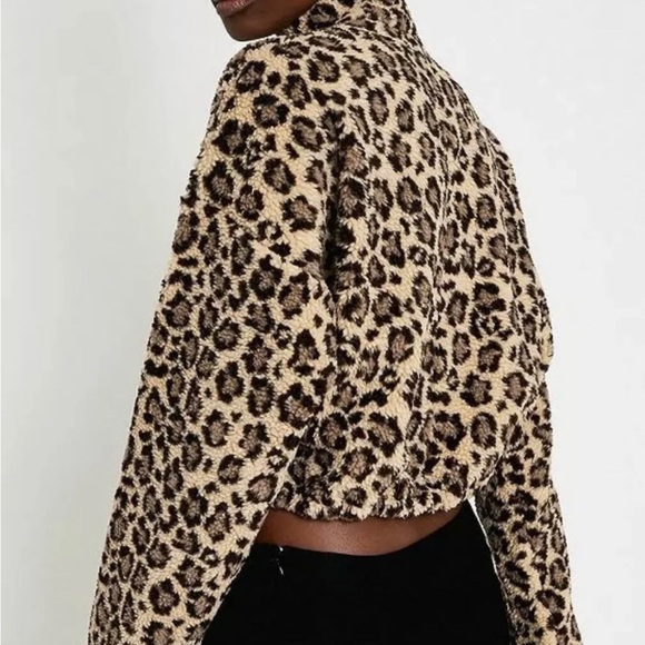 Urban Outfitters Fleece Crop Jumper Brown Beige Mix Leopard Print Neon Zip - Picture 9 of 14